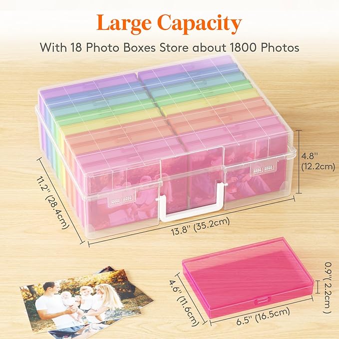 Lifewit Plastic 4x6 Photo Storage Box, 18 Pcs Inner keeper with Lids, Transparent Rainbow Color Photo Organizers with Label Stickers, Craft Storage Box for Seeds Cards Office Supplies