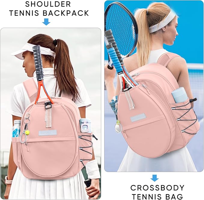 Tennis Backpack with 2 Rackets Holder, Water-Resistant PU Leather Tennis Racket Bag for Women & Men, Sling Crossbody Sports Backpack for Tennis, Pickleball & Badminton, Tennis Gifts