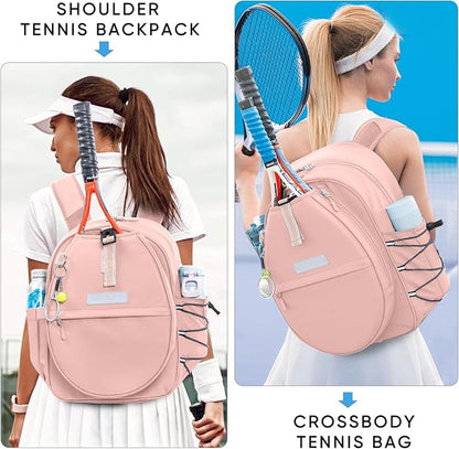 Tennis Backpack with 2 Rackets Holder, Water-Resistant PU Leather Tennis Racket Bag for Women & Men, Sling Crossbody Sports Backpack for Tennis, Pickleball & Badminton, Tennis Gifts