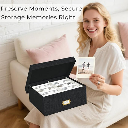 Decorative Photo Storage Box - Linen Photo Box Organizer with Dividers, Fits Holds Up to 1700 Pictures and 4x6 Photos, Memory Keepsake Organizer for Photos, Scrapbook Supplies, Cards, Stamps (Black)