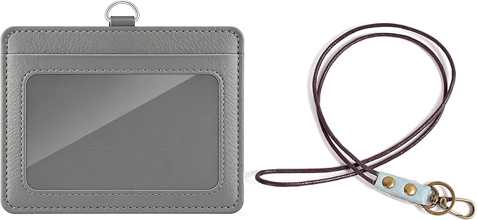 Leather ID Badge Holder with Lanyard for Women and Men, Horizontal ID Card Holder, 2 Card Slots, 22 Inch Neck Lanyard for Work, School, Office