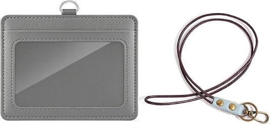 Leather ID Badge Holder with Lanyard for Women and Men, Horizontal ID Card Holder, 2 Card Slots, 22 Inch Neck Lanyard for Work, School, Office