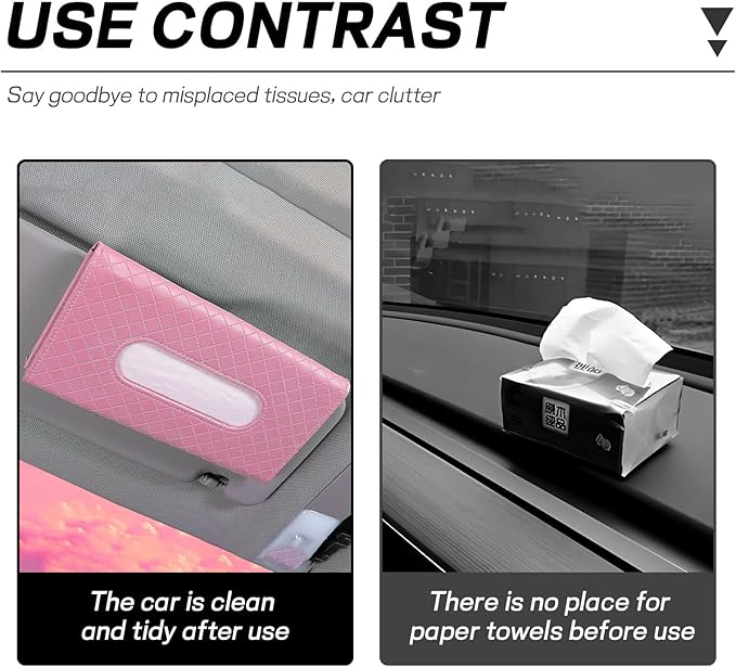 Car Tissue Holder, Leather Tissue Holder for Car Sun Visor, Rectangular Auto Sun Visor Napkin Holder Mask Dispenser, Universal Vehicle Tissue Box Sun Visor Accessory (Plaid-Pink)