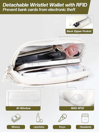 Tiostep Clip and Go Strap for Phone with Wallet Crossbody Phone Lanyard Adjustable and Detachable RFID Wristlet Wallet with ID Window and Zipper, Cream(L)