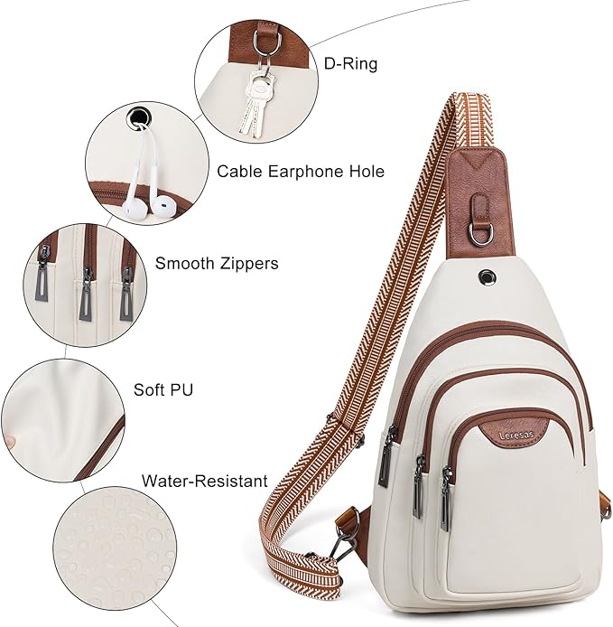 Leresas 10L Crossbody Sling Bag for Women Men Anti Theft Cross Body Fanny Pack Belt Bag Purse Gifts for Women Faux Leather, Beige Brown