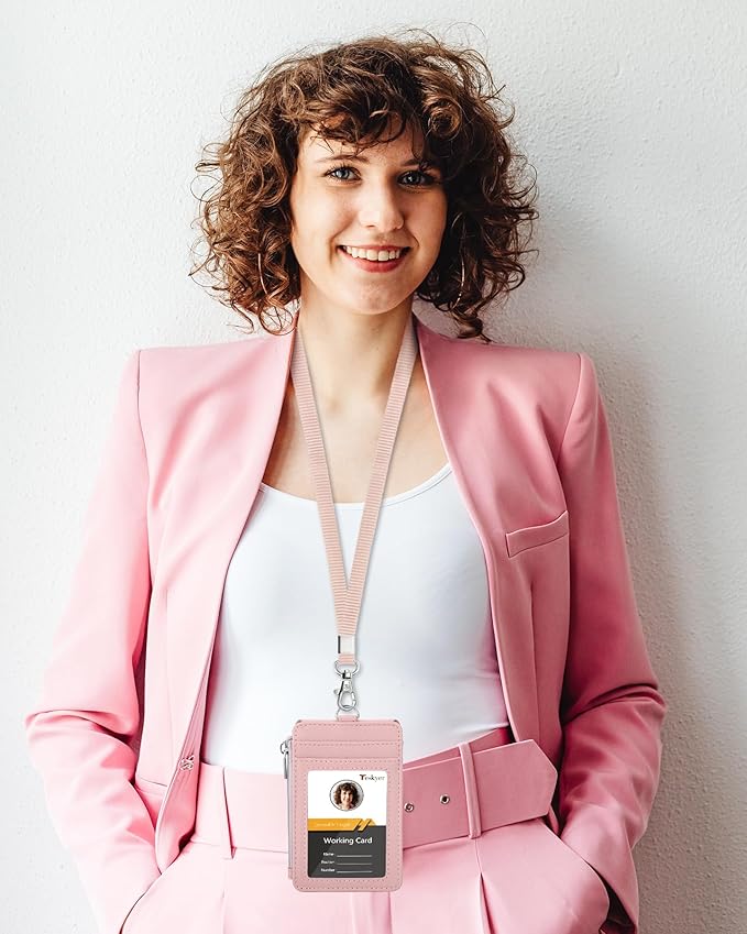 Teskyer Badge Holder with Side Zip Pocket, Multiple Card Slots Leather ID Holder Wallet with Neck Lanyard for Office Staffs, Teachers/Students, Workers, Cruise Cards, Bus/Metro Cards, Lichee Dark Pink