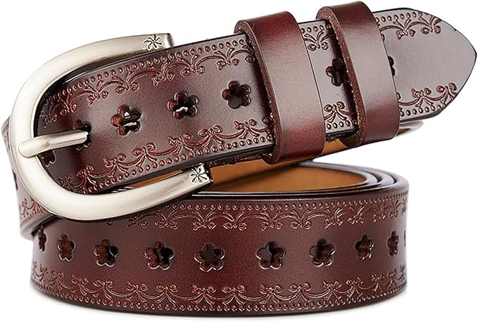 INOGIH Women Vintage Floral Engraved Embossed Genuine Western Leather Belt for Jeans Dresse