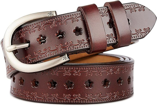 INOGIH Women Vintage Floral Engraved Embossed Genuine Western Leather Belt for Jeans Dresse