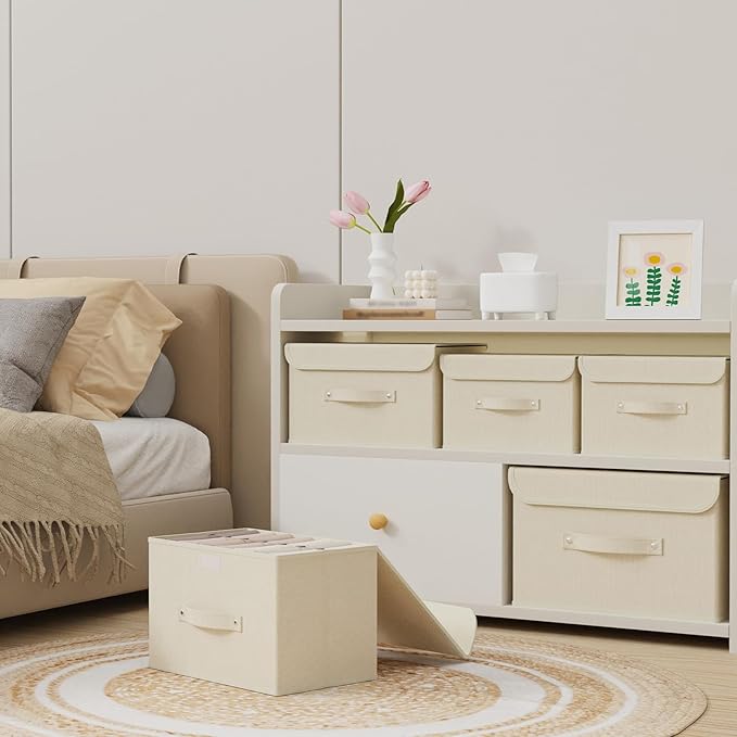 Fabric Storage Bins Cube Organizers with Flip-Top Lid and Handles,Storage Boxes for Organizing Home,Office,and Closet,Beige,3 Pack 15 x 9.8 x 9.8 in