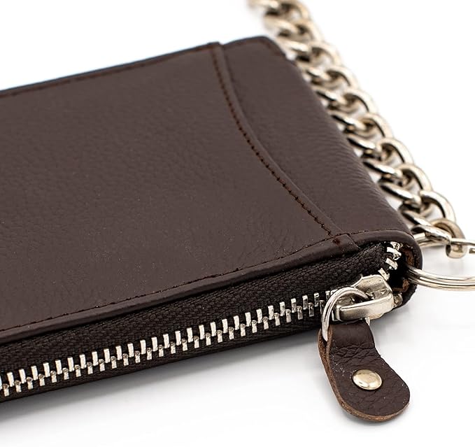 RFID Safe Leather Bi-fold Chain Wallet for Men Zip around Purse for Women Biker's Trucker YKK Metal Zipper Closure Filp up window ID (Brown with Chain)