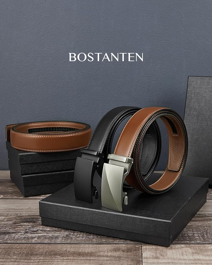 BOSTANTEN Ratchet Leather Belt For Men 2 Pack Dress and Casual with Adjustable Buckle, Trim to Fit