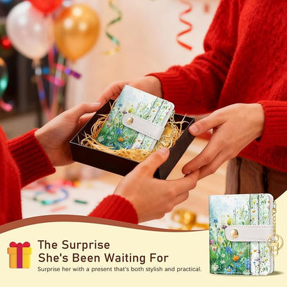 Jogjam Floral Green Rfid Ladies Wallet, Small Slim Thin Compact Credit Card Women Wallet, Spring Flowers PU Leather Bifold Cash Zipper Coin Pocket ID Window for Female