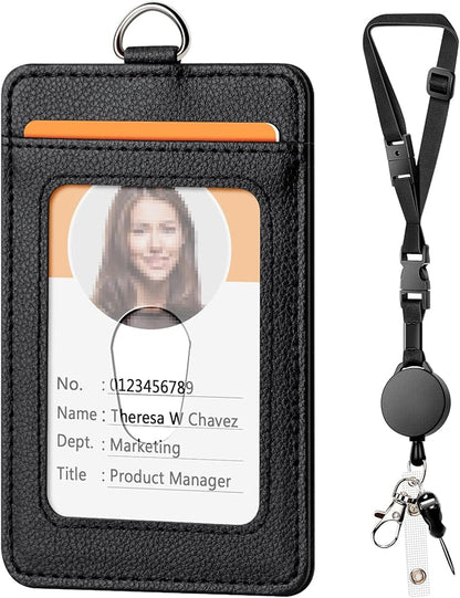 Leather Badge Holder and Adjustable Retractable Lanyards, Quick Release Buckle and Safety Breakaway Lanyards with Swivel Metal Clasp for Offices, Staff, Students, Employees