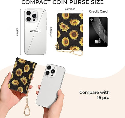 Sunflower Keychain Coin Purse for Women, Small PU Leather Change Pouch, Zipper Little Tiny Travel Wallet for Girls, Cute Kawaii Zip Pocket Coin Holder with Key Ring