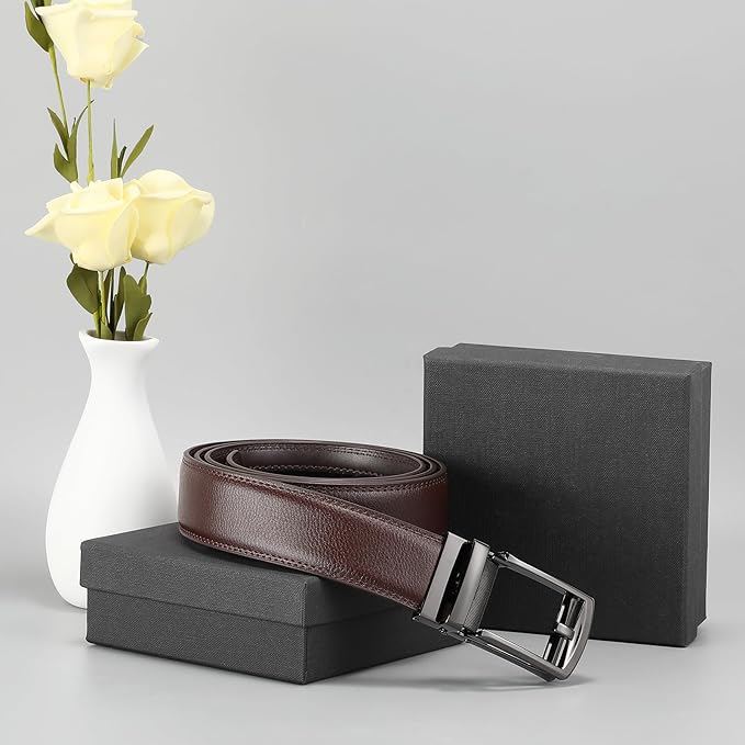 GAEKEAO Ratchet Belt for Men Genuine Leather 1 3/8" - Micro-Adjust Buckle Trim to Fit Dress Belt Casual to Formal Gift Boxed