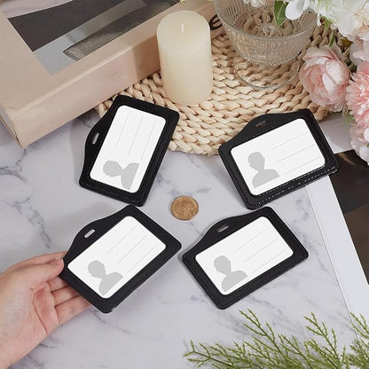 4PCS PU Leather Horizontal Photocard Protector with Clear Window Black Leather Badge Holder Waterproof ID Card Case Double Sided Name Badge Pouch for Offices Staff Students Employees