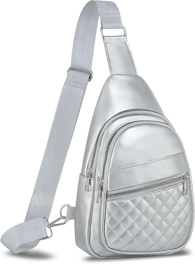 Crossbody Bags for Women Men,Leather Sling Bag Cross Body Backpack for Women, Casual Chest Bag Daypack for Travel Hiking, Silver