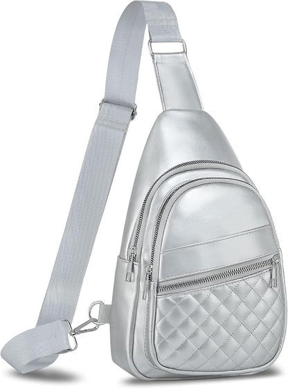 Crossbody Bags for Women Men,Leather Sling Bag Cross Body Backpack for Women, Casual Chest Bag Daypack for Travel Hiking, Silver