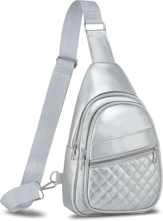 Crossbody Bags for Women Men,Leather Sling Bag Cross Body Backpack for Women, Casual Chest Bag Daypack for Travel Hiking, Silver