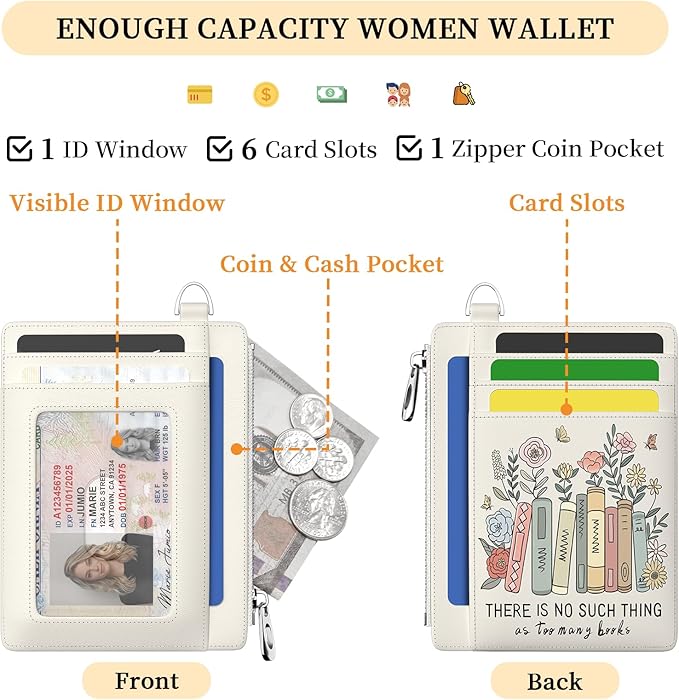 Hancynir Book Lover Floral Slim Wallet Women Credit Card Holder Cute Flower RFID Blocking Small Card Holder Mini Front Pocket PU Leather Thin Travel Zipper Coin Ladies Female Wallet Organizer Gifts
