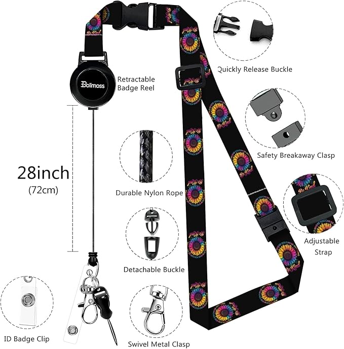 bolimoss Be Kind ID Badge Holder with Lanyard, Sunflower Breakaway Lanyard & Retractable Badge Reel
