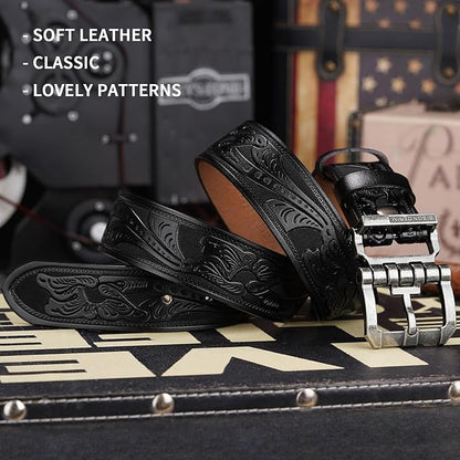 BISON DENIM Men's Genuine Leather Casual Belt, Classic Western Cowboy Dress Belts