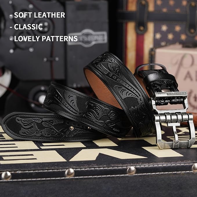 BISON DENIM Men's Genuine Leather Casual Belt, Classic Western Cowboy Dress Belts