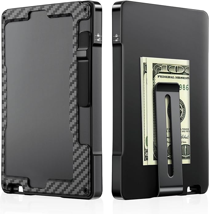 umoven Minimalist Wallet for Men, Slim Aluminum Metal Money Clip Card Holder, Pop-Up Card Case, RFID Blocking Mens Wallet with ID Window, Front Pocket Wallet for Men(Carbon Fibre)