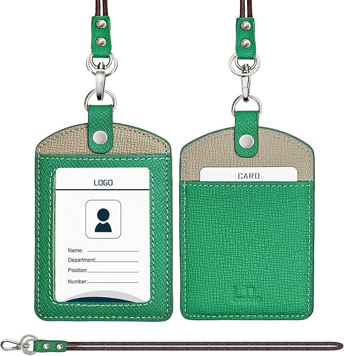 Badge Holder: Boshiho Cowhide Leather ID Badge Card Holder with 19" Neck Lanyard, Vertical Style (Green-Gray)