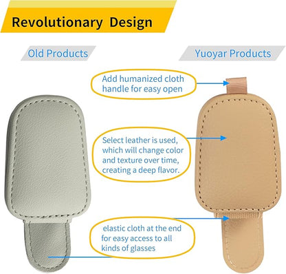 Yuoyar Sunglass Holder for Car, Magnetic Leather Sunglasses Holder and Ticket Card Clip, Car Visor Accessories, 2 Packs (Beige)