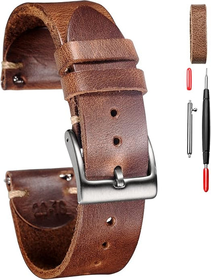 hemsut h Leather Watch Bands for Men, Horween Quick Release Leather Watch Strap Vintage Watch Replacement Wrap of 18mm, 20mm, 22mm
