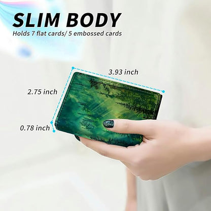 Forest Minimalist Wallet for Men Tarjeteros de hombres, Pop Up Card Case Wallet for Women, PU Leather Automatic Credit Card Holder Metal Money Clip Wallet RFID Blocking Bifold Pocket Wallet