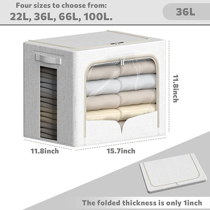 FHSQX 3 Pack Clothes Storage Bins Foldable Metal Frame Storage Box Stackable Linen Fabric Container Organizer Set with Carrying Handles and Clear Window (Cream White, 15.7x11.8x11.8inch(36L))