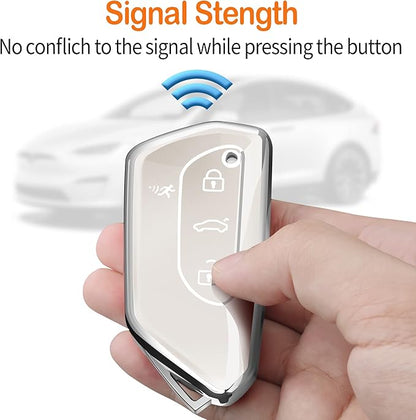 Sindeda for Volkswagen Key Fob Cover with Keychain Soft Full Protection Key Shell Key Case Compatible with VW MK8 Golf/GTI Skoda Octavia (White)