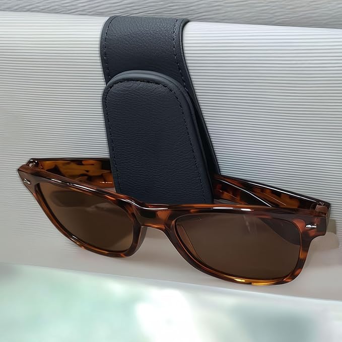 EldHus Sunglass Holder for Car Visor, Magnetic Car Glasses Holder Clip, Leather Eyeglass Holder for Car, Universal Vehicle Sunglasses Hanger Eyeglasses Mount, 1 Pack Black