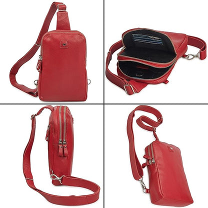 Leather Sling Bag for Women Genuine Crossbody Purse Small Trendy Cross Over Chest with Phone and Credit Card Slots (Red Nappa)