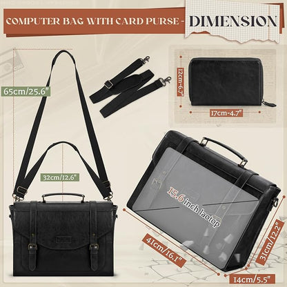 RAINSMORE Flap Messenger Bag for Men Vintage PU Leather Laptop Bag 15.6 Inch Retro Briefcase with Wallet Satchel Computer Bag