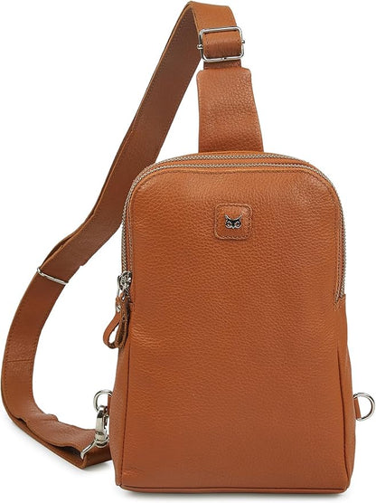 Leather Sling Bag for Women Genuine Crossbody Purse Small Trendy Cross Over Chest with Phone and Credit Card Slots (Cognac Nappa)