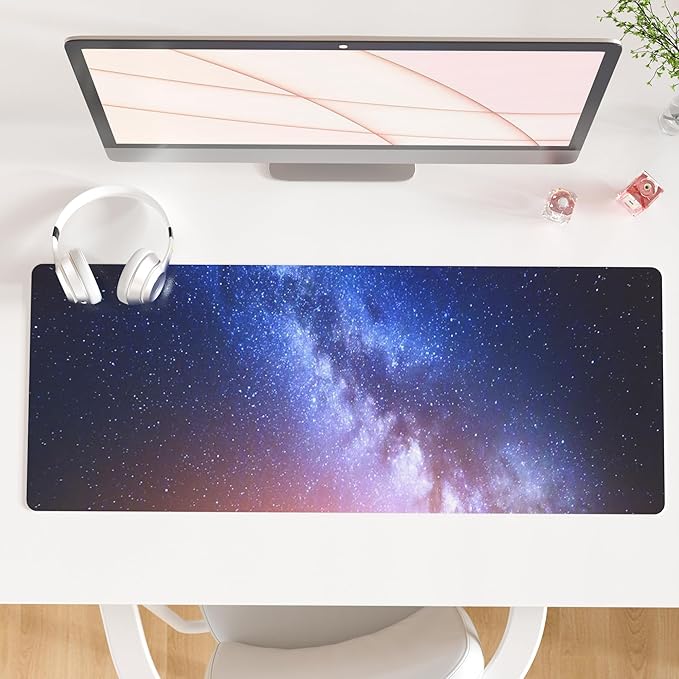 QiyI Large Desk Pad, Milky Way Mouse Pad Desktop Decor, Waterproof PU Leather Desk Cover Protector, Desk Accessories for Office Home Work Writing Gaming 31.5" x 11.8" - Blue Galaxy