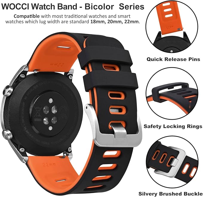 WOCCI 22mm Bicolor Watch Band, Silicone Rubber, Quick Release Replacement Strap for Men and Women, Silver Stainless Steel Buckle (Black-Orange)