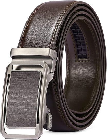 SENDEFN Men's Leather Belt Automatic Ratchet Buckle Slide Belt for Dress Casual Trim to Fit with Gift Box