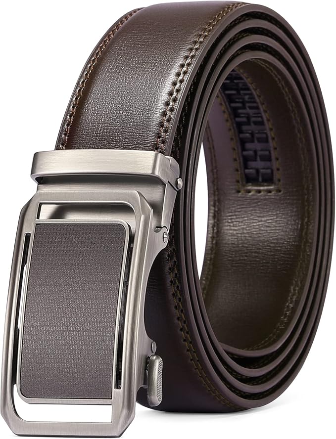 SENDEFN Men's Leather Belt Automatic Ratchet Buckle Slide Belt for Dress Casual Trim to Fit with Gift Box