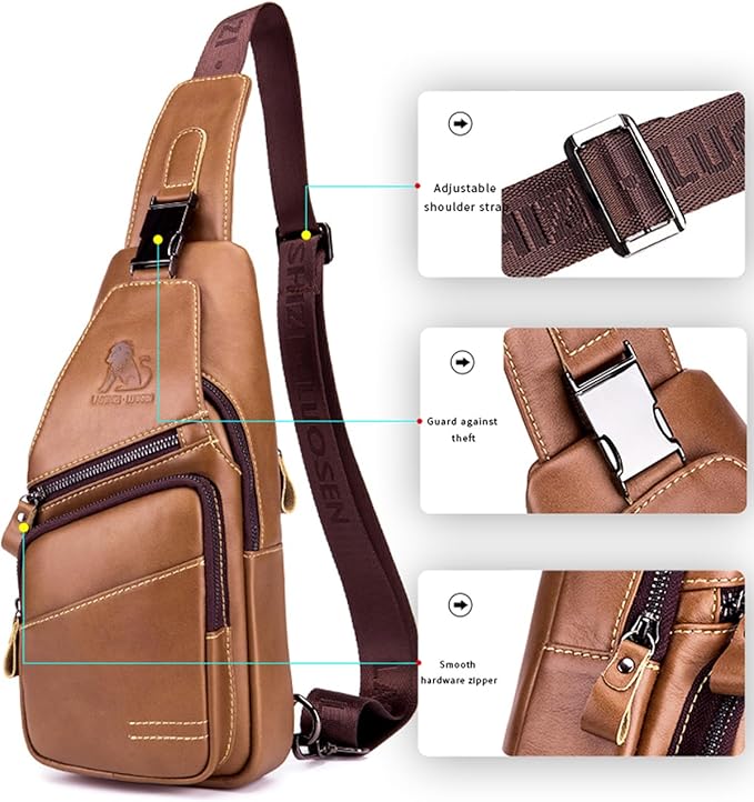 pundarika Leather Sling Bag for Men - Crossbody, Casual Shoulder Bag. Multi-Functional Chest Bag, Travel & Hiking Backpack - Brown