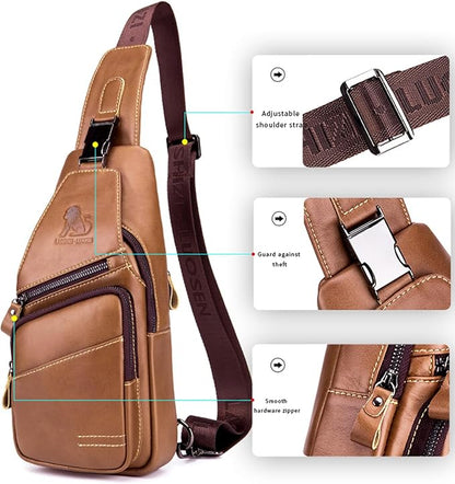 pundarika Leather Sling Bag for Men - Crossbody, Casual Shoulder Bag. Multi-Functional Chest Bag, Travel & Hiking Backpack - Brown
