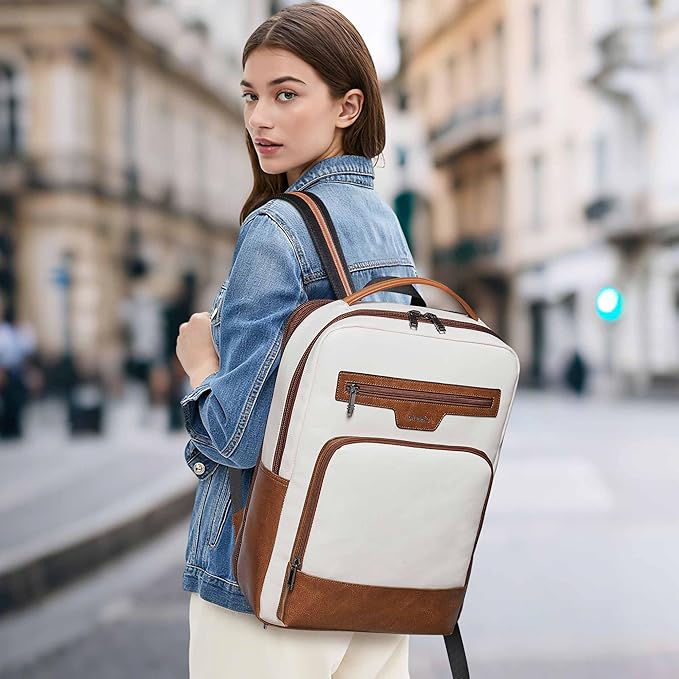 Shrrie Leather Laptop Backpack for Women and Men,28 L Travel Backpack Computer Bag Fits 16 inch Laptop,Expandable Casual Daypack with USB Port for Work Business Weekender College,Beige with Brown