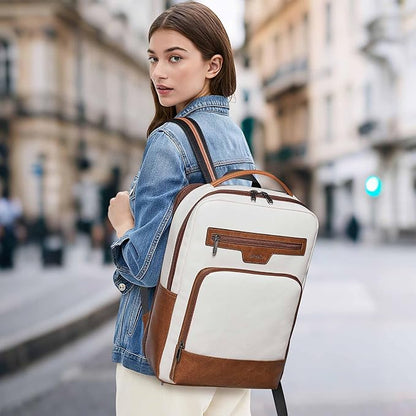 Shrrie Leather Laptop Backpack for Women and Men,28 L Travel Backpack Computer Bag Fits 16 inch Laptop,Expandable Casual Daypack with USB Port for Work Business Weekender College,Beige with Brown
