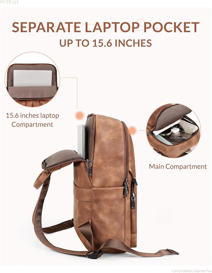 SYTRAH Leather Backpack for Women, Vintage 15.6 inch Laptop Backpack Purse for Women, College Casual Backpacks Ladies Computer Bags for Travel Business Work Mocha Brown