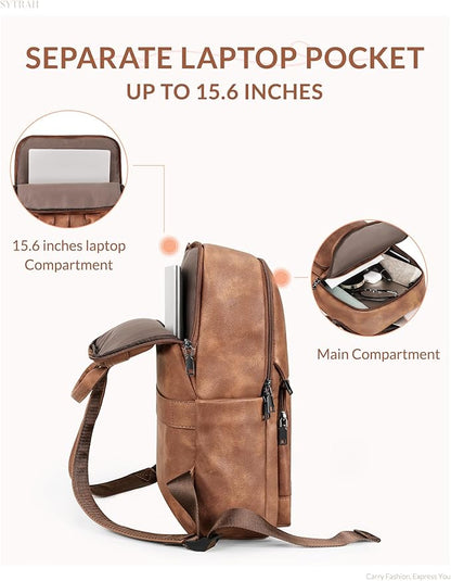 SYTRAH Leather Backpack for Women, Vintage 15.6 inch Laptop Backpack Purse for Women, College Casual Backpacks Ladies Computer Bags for Travel Business Work Mocha Brown