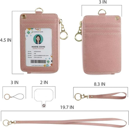 bolimoss Id Badge Holder with Neck Lanyard Pu Leather Wallet,Pink Lanyard with Id Holders,Wristlet & Long Lanyard, 1 Clear Window, 4 Credit Card Slots, Phone Holder, Ring Keychain,Zipper Pouch