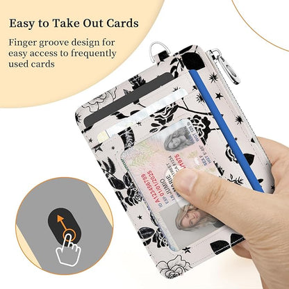 Hancynir Goth Moon Floral Slim Wallet Women Credit Card Holder Gothic Flower RFID Blocking Small Cute Card Wallets Mini Front Pocket PU Leather Thin Travel Zipper Coin Cash Ladies Female Wallet Gifts